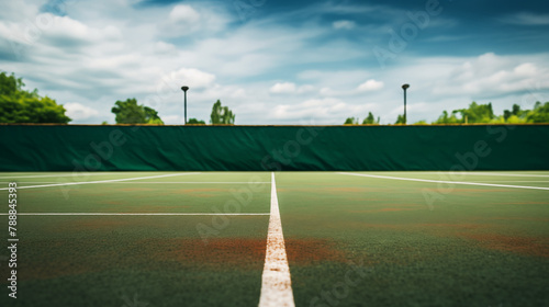 Bright Summer Day at an Empty Tennis Court with Lush Trees photo