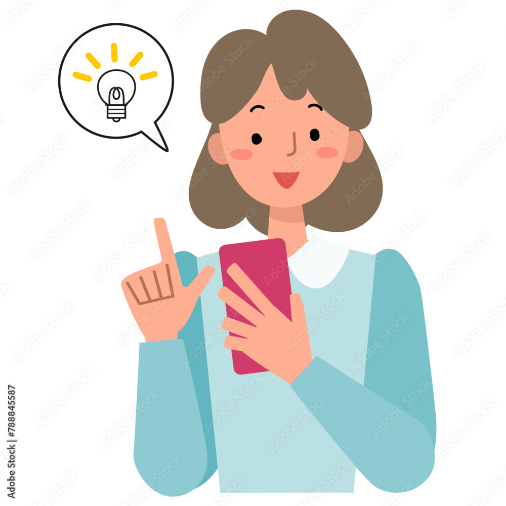 スマホを見ながら笑顔で指さす女性の上半身 スマホを見ながら笑顔で指さす女性の上半身