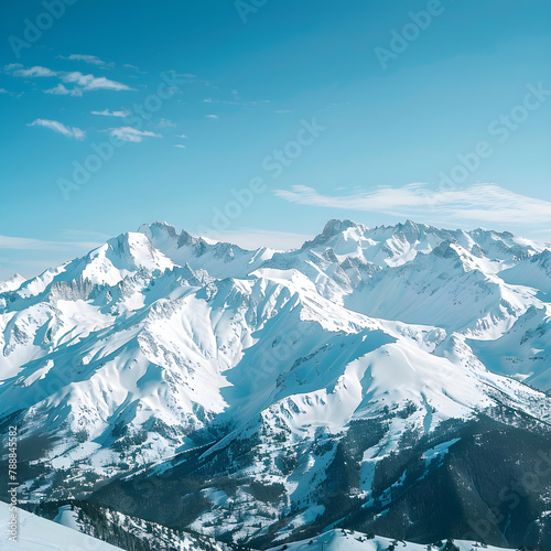 Breathtaking Winter Panoramic View: Majestic Snow-Covered Peaks of Pyrenees Mountains under Pristine Blue Sky © Leonard
