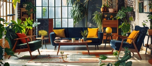 A genuine photograph of a lively living room interior featuring retro armchairs with a wooden frame, colorful pillows, and a navy blue sofa adorned with green plants. photo