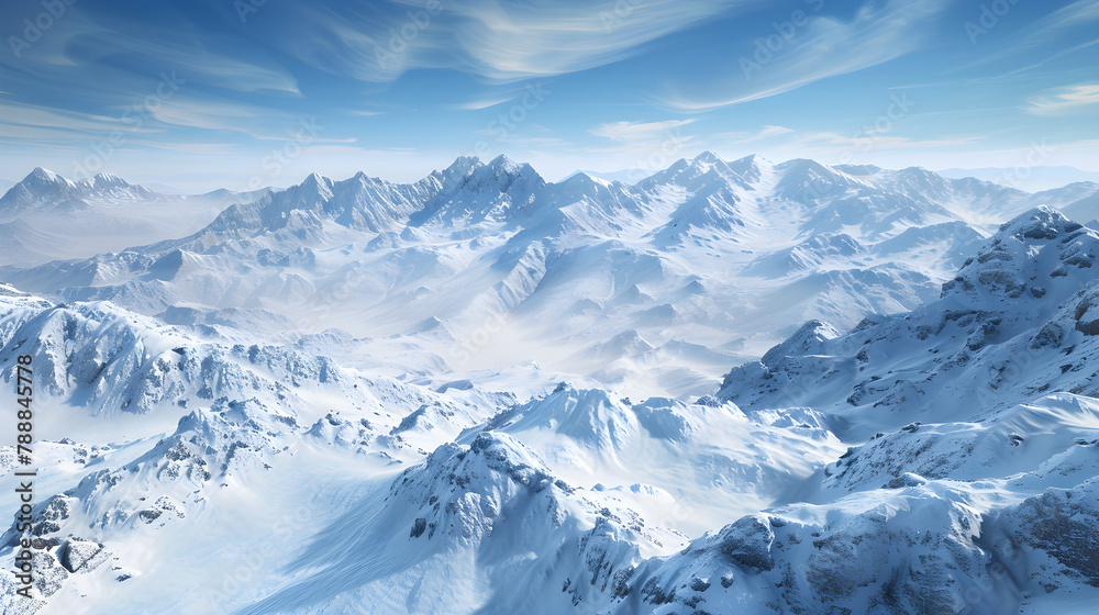 Breathtaking Winter Panoramic View: Majestic Snow-Covered Peaks of Pyrenees Mountains under Pristine Blue Sky