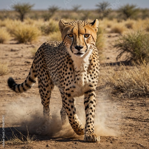 Cheetah strides purposefully forward, kicking up dust in its wake. Large cat's yellow eyes focused intently on something in distance, its lithe body poised for action.