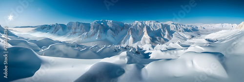 Breathtaking Winter Panoramic View: Majestic Snow-Covered Peaks of Pyrenees Mountains under Pristine Blue Sky photo