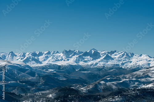 Breathtaking Winter Panoramic View: Majestic Snow-Covered Peaks of Pyrenees Mountains under Pristine Blue Sky © Leonard