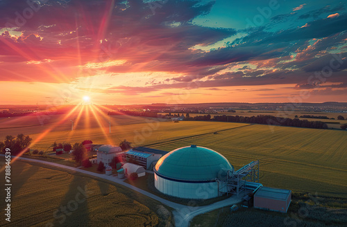 Contemporary biogas plant surrounded by farmland in the countryside under a colorful sunset sky