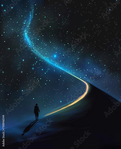 starry night sky lone man walking hill key visual apophysis leading profile streaming progressive rock album cover sands time dazzling stars wonder devotion
