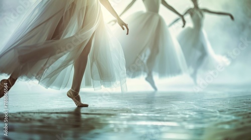 The soft and hazy background of a ballet performance capturing the fluidity and beauty of the dancers movements as they glide across the stage. . photo