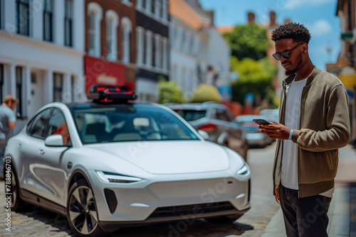 Man using cell phone to use electric autonomous car service