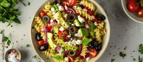 Overhead view of a Mediterranean-style pasta salad featuring tomatoes, avocado, black olives, red onions, and feta cheese.