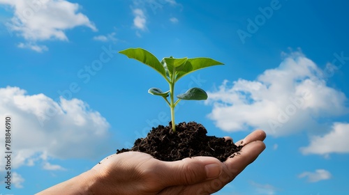 Design of a person holding a young plant in soil against a blue sky, illustrating the new life and sustainable ecologyDesign of a person holding a young plant in soil against a blue sky, illustrating 