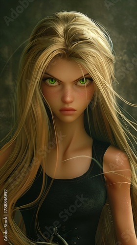 blond haired girl green eyes long hair posing angry face brunet intimidating glare depicted pissed off personify close defiant