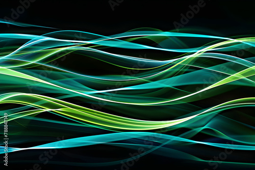 Dynamic neon pattern with blue and green glowing waves. Abstract art on black background.