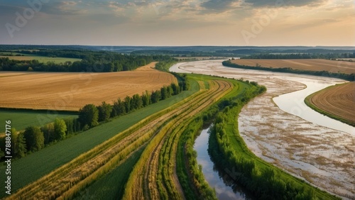 Aerial view of fields by a river