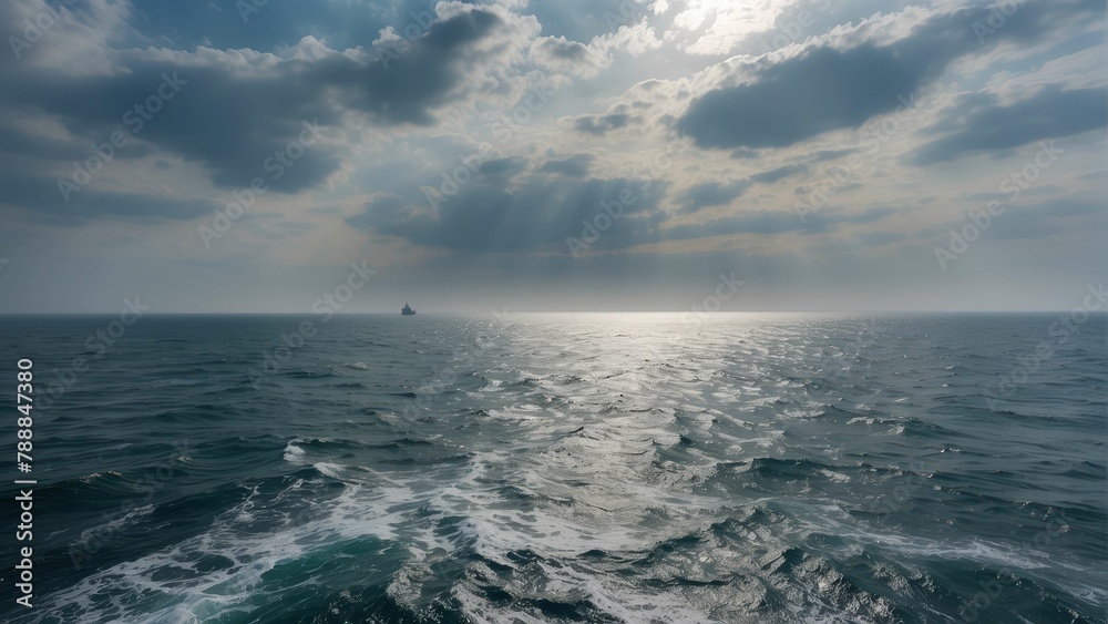 Fototapeta premium Lonely cargo ship on a vast ocean horizon
