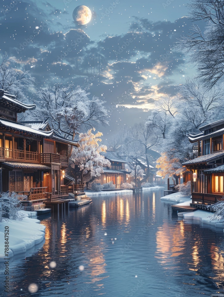 Fototapeta premium Winter cityscape with snowcovered buildings by a river, reflecting the sky