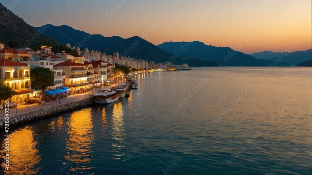 Fototapeta premium Tranquil seaside town at sunset with boats