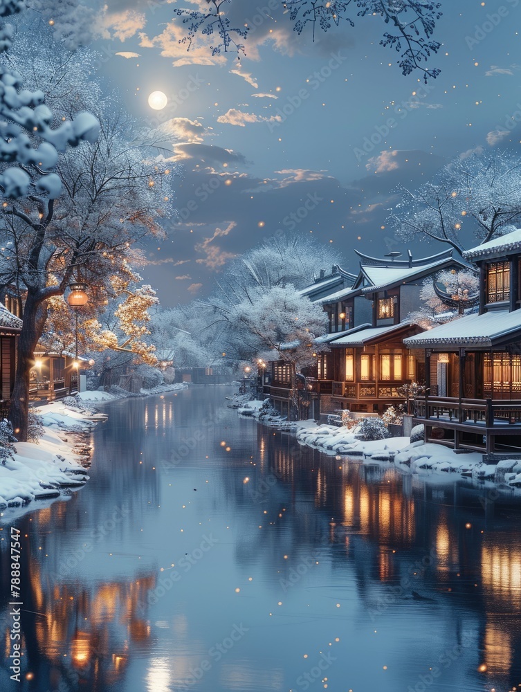 Fototapeta premium Winter cityscape with snowcovered buildings by a river, reflecting the sky