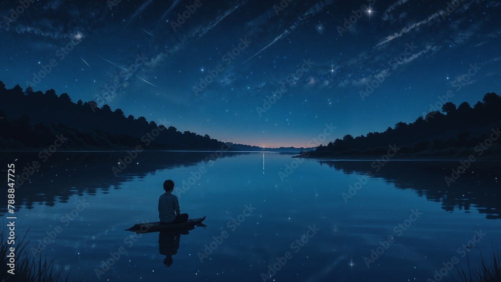 Wide starry night sky with a shooting star crossing over a tranquil lake - 1