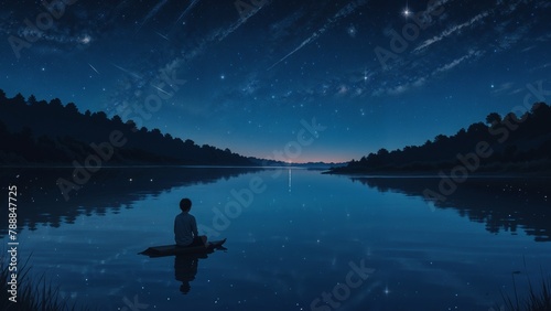 Wide starry night sky with a shooting star crossing over a tranquil lake - 1