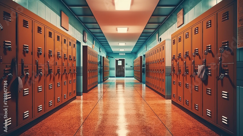 hallway lined with orange lockers, reflecting a clean, polished floor