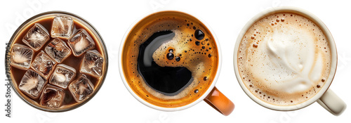 Top view, set of cups of different coffee isolated on transparent background