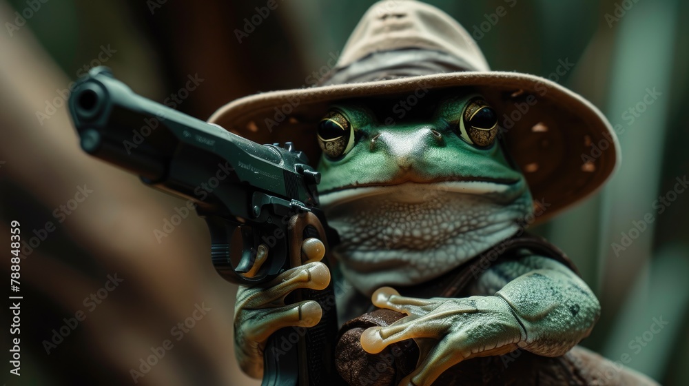 Fototapeta premium frog in a stylish hat brandishes a firearm confidently, Ai Generated