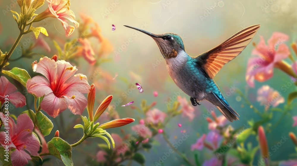 Fototapeta premium Graceful hummingbird dances amid spring blooms, a vibrant display of nature's beauty. Ai Generated.