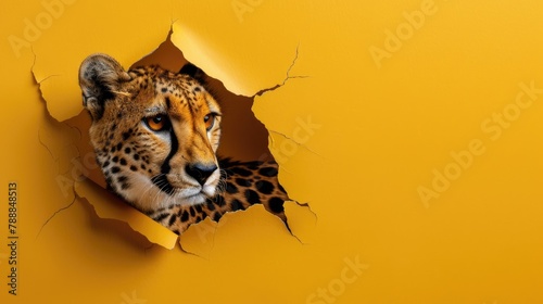 A humorous cheetah peers through a ripped hole in a contrast pastel color paper background, Ai Generated © Crazy Juke