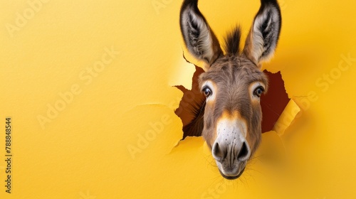 A humorous donkey peers through a ripped hole in a contrast pastel color paper background, Ai Generated