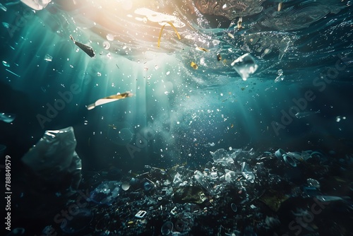 Generative AI : Pollution in oceans concept, Stop ocean plastic pollution concept. photo
