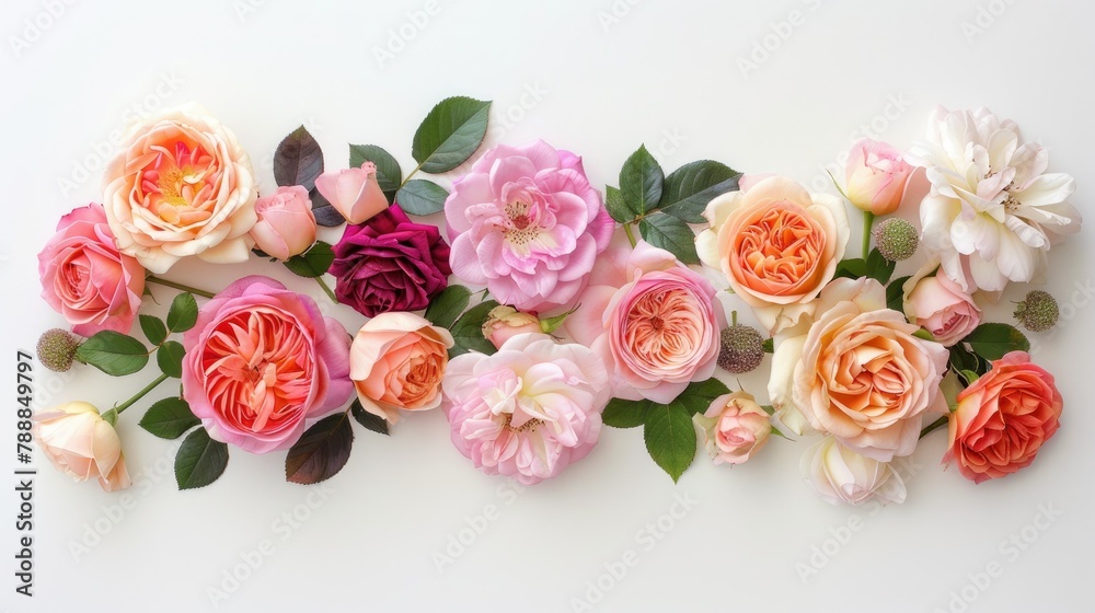 An exquisite arrangement of vibrant English roses set against a pristine white backdrop captures the essence of celebration With a captivating overhead view in a flat lay style this composi