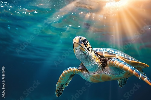 Generative AI : Portrait of a happy sea turtle swimming underwater. © The Little Hut