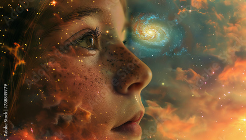 A girl's face is shown in a painting of a galaxy