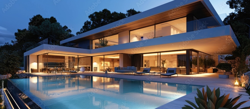 Contemporary villa featuring a pool, illuminated in the evening.
