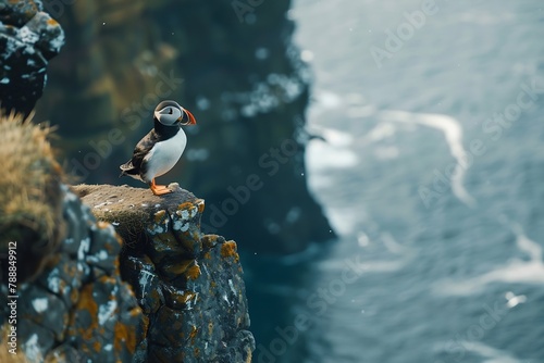 Generative AI : Portrait of an Atlantic puffin. Sea bird standing on a cliff in nature 