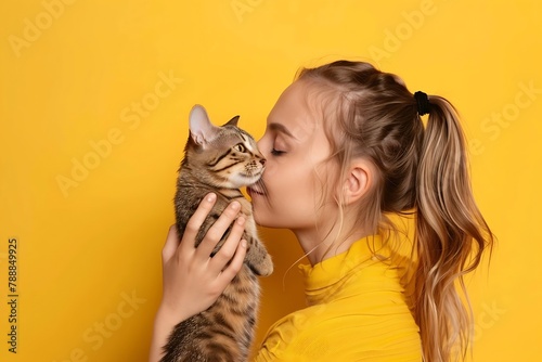 Generative AI : A young caucasian pretty cute blonde woman holds a tabby cat in her hands admiring it isolated on a bright color yellow background. photo