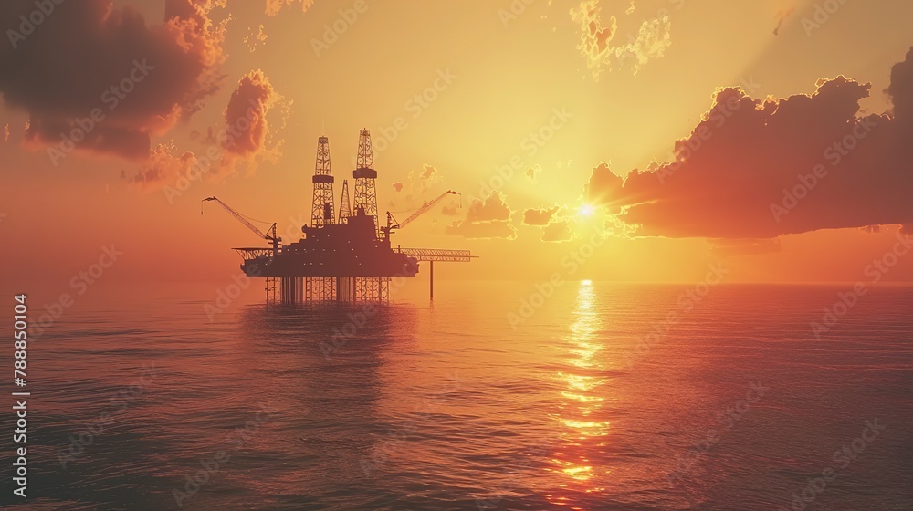 Offshore oil rig drilling platform at sunset. Oil and gas platforms north sea Offshore oil rig drilling platform at sunset. Oil and gas platforms north sea