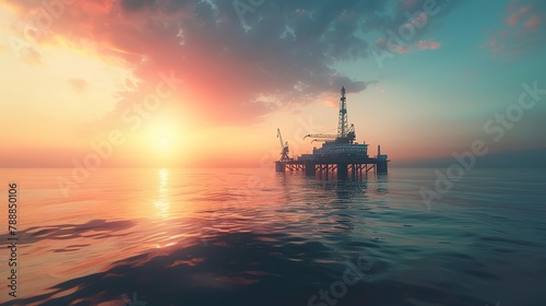 Offshore oil rig drilling platform at sunset. Oil and gas platforms north sea  photo