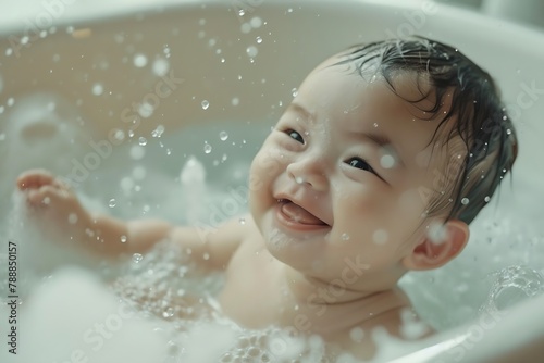 Generative AI : Cheerful of asian newborn baby enjoying bathing in bathtub. mother bathing her son in warm water. 