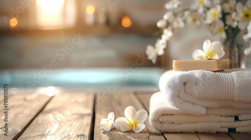Soap  towel in bathroom  on blurred spa background. with copy space. digital art