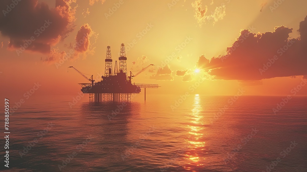 Offshore oil rig drilling platform at sunset. Oil and gas platforms north sea