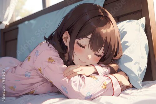 ベッドで寝ているパジャマの女性　うつぶせ寝
