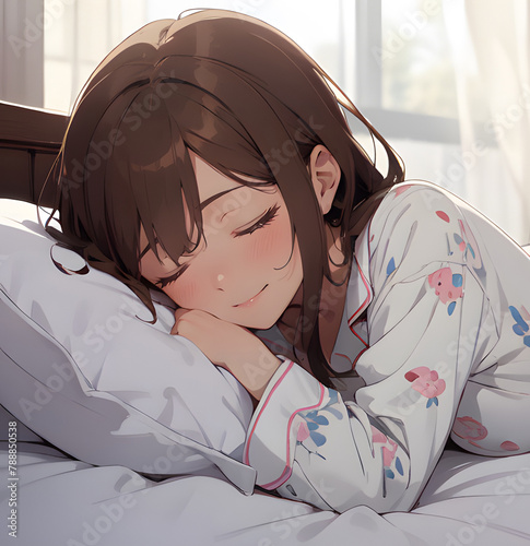 ベッドで寝ているパジャマの女性　うつぶせ寝