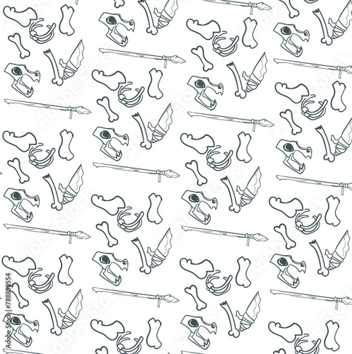 A set of different bones of an ancient animal and human's tools. The art is suitable for archaeological and similar projects.