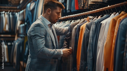 Man Choosing Suit in Clothing Store. Men's Fashion and Style. Businessman Shopping for Suit. Business Attire and Professional Style Concept 