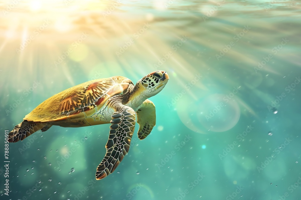 Fototapeta premium Generative AI : Portrait of a happy sea turtle swimming underwater.