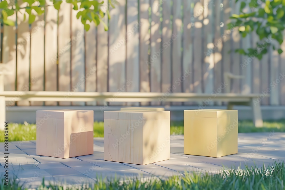 Generative AI : Wooden square display podiums in the garden on sunny day for baby and kid in pastel tone colors. 3D rendering.
