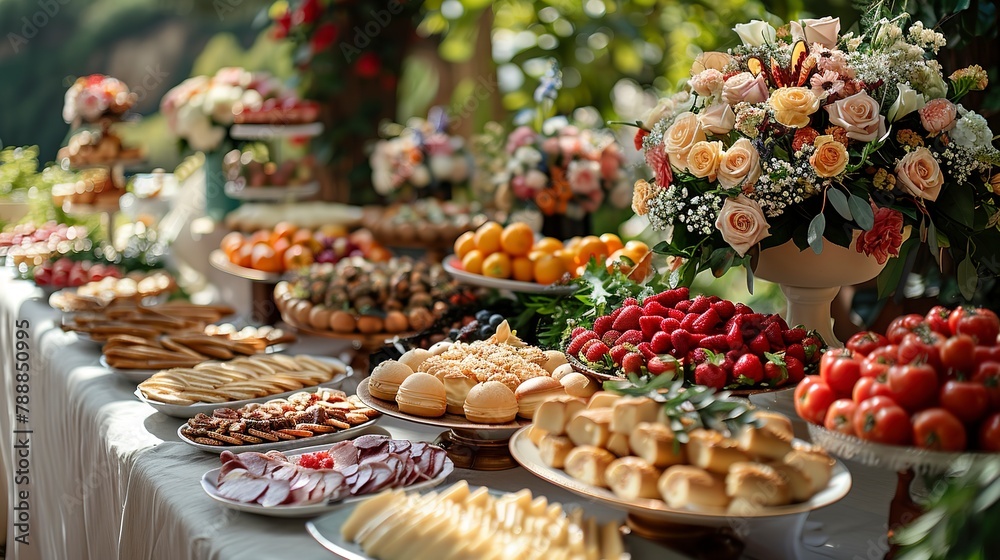 Luxury Catering Concept. Elegant Buffet Table with Gourmet Food at Outdoor Event. Wedding Reception.