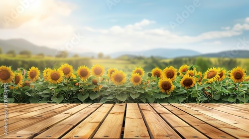 Blooming Sunflowers and Empty Tabletop with Countryside View. Sunflower Meadow Backdrop with Wooden Plank Platform for display our product 