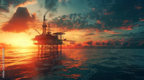 Offshore Oil Rig at Sunset. Industrial Energy Platform  © Thanthara